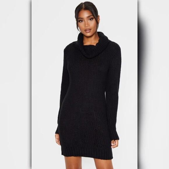 B3 / A308 • Black Cowl Neck Cable Knit Tunic Sweater Dress - Picture 1 of 5